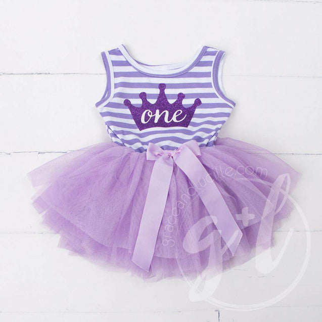 1st Birthday Dress Purple Crown "ONE"  Purple Striped Sleeveless - Grace and Lucille