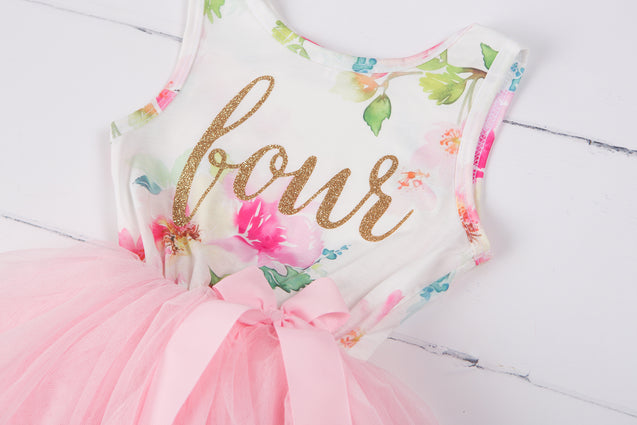 Pink Floral Gold Script Birthday Dress (2nd Birthday Dress - 2nd Birthday Outfit)