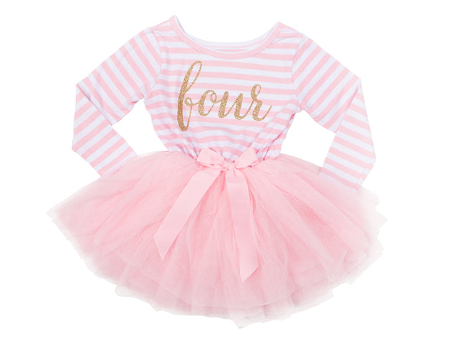 Pink Striped Gold Script Birthday Dress - (First Birthday Dress - First Birthday Outfit)