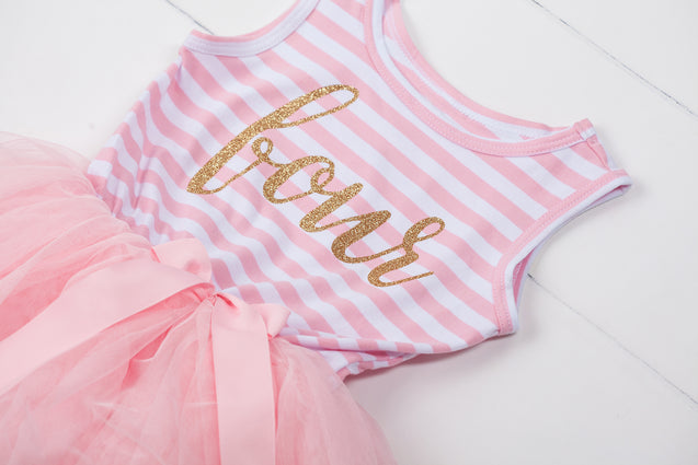 Pink Striped Gold Script Birthday Dress - (First Birthday Dress - First Birthday Outfit)