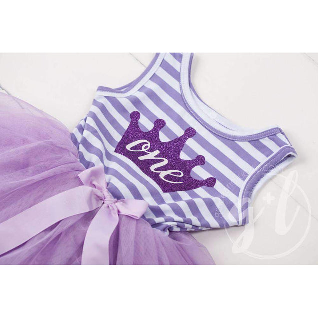 1st Birthday Dress Purple Crown "ONE"  Purple Striped Sleeveless - Grace and Lucille