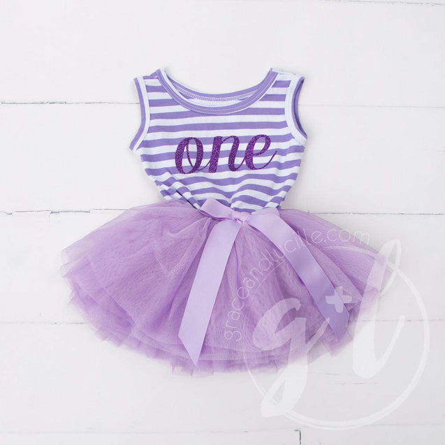 1st Birthday Dress Purple Script "ONE" Purple Striped Sleeveless - Grace and Lucille