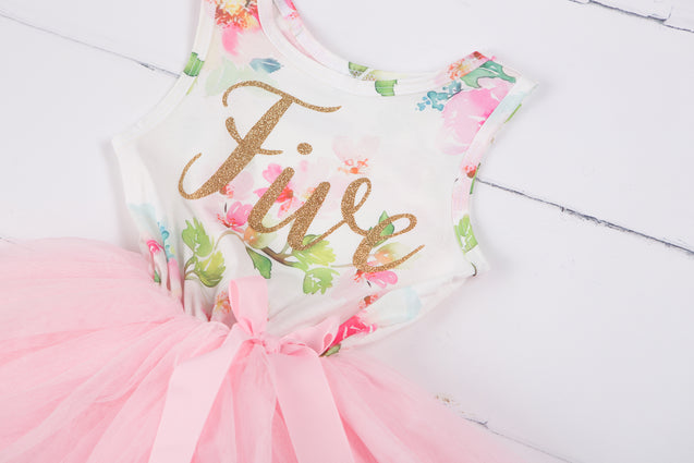 Pink Floral Gold Script Birthday Dress (1st Birthday Dress - 1st Birthday Outfit)