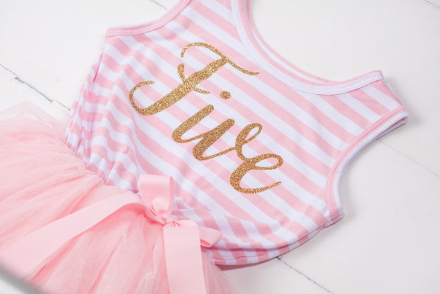 Pink Striped Gold Script Birthday Dress - (First Birthday Dress - First Birthday Outfit)