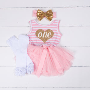 1st Birthday Outfit Heart of Gold "ONE" Pink Striped Sleeveless Dress, White Leg Warmers & Gold Bow