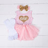 1st Birthday Outfit Heart of Gold "ONE" Pink Striped Sleeveless Dress, White Leg Warmers & Gold Bow
