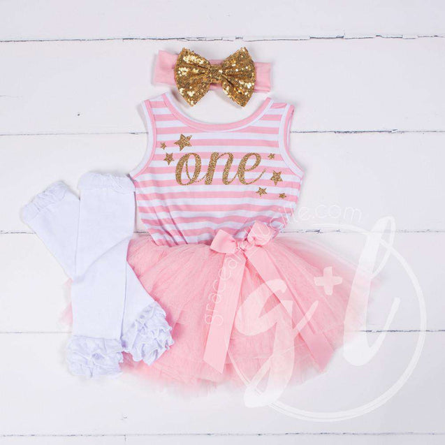 1st Birthday Outfit Starry Script "ONE" Pink Striped Sleeveless Dress, White Leg Warmers & Gold Bow - Grace and Lucille