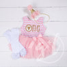 1st Birthday Outfit Scalloped Heart "ONE" Pink Stripe Sleeveless Dress, White Leg Warmers & Pink Hat - Grace and Lucille