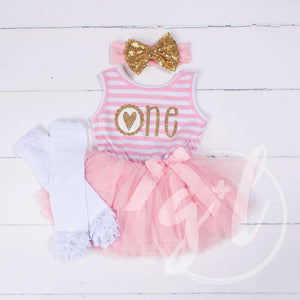 1st Birthday Outfit Scalloped Heart "ONE" Pink Stripe Sleeveless Dress, White Leg Warmers & Gold Bow - Grace and Lucille