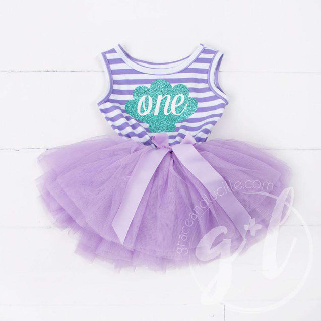 1st Birthday Mermaid Dress Aqua Shell "ONE" on Purple Striped Sleeveless - Grace and Lucille