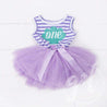 1st Birthday Mermaid Dress Aqua Shell "ONE" on Purple Striped Sleeveless - Grace and Lucille