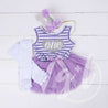1st Birthday Outfit Purple Stripe Sleeveless Dress Silver Heart ONE , White Leg Warmers & Purple Hat - Grace and Lucille