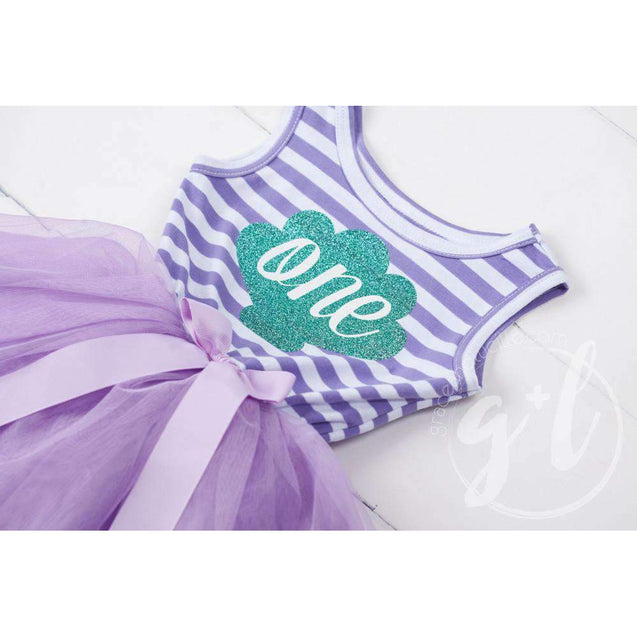 1st Birthday Mermaid Dress Aqua Shell "ONE" on Purple Striped Sleeveless - Grace and Lucille