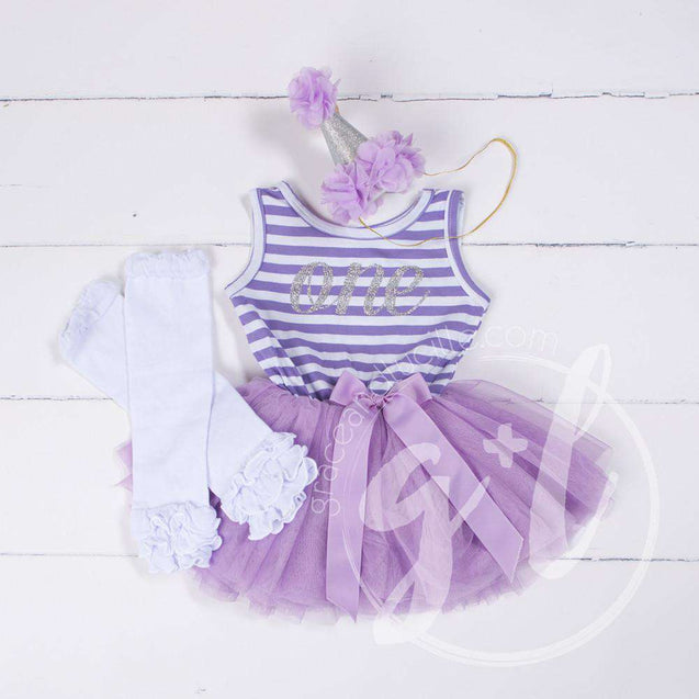1st Birthday Outfit Purple Stripe Sleeveless Tutu Dress Silver ONE, White Leg Warmers & Purple Hat - Grace and Lucille