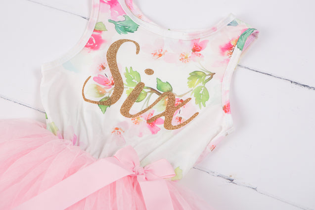 Pink Floral Gold Script Birthday Dress (3rd Birthday Dress - 3rd Birthday Outfit)