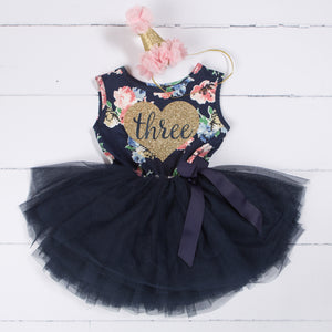 Third Birthday Outfit Heart of Gold "THREE" Navy Floral Sleeveless Tutu Dress & Pink Party Hat