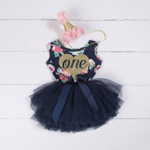 1st Birthday Outfit Heart of Gold "ONE" Navy Floral Sleeveless Tutu Dress & Pink Party Hat