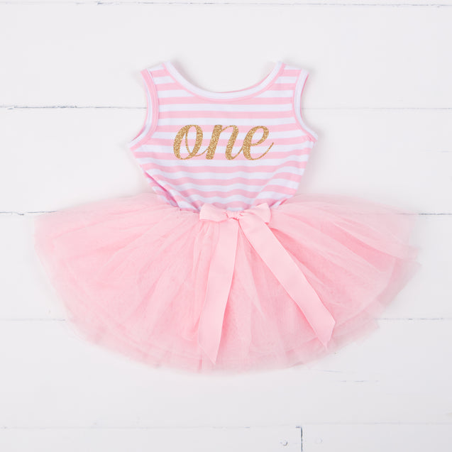 Pink Striped Gold Script Birthday Dress - (Second Birthday Dress - Second Birthday Outfit)