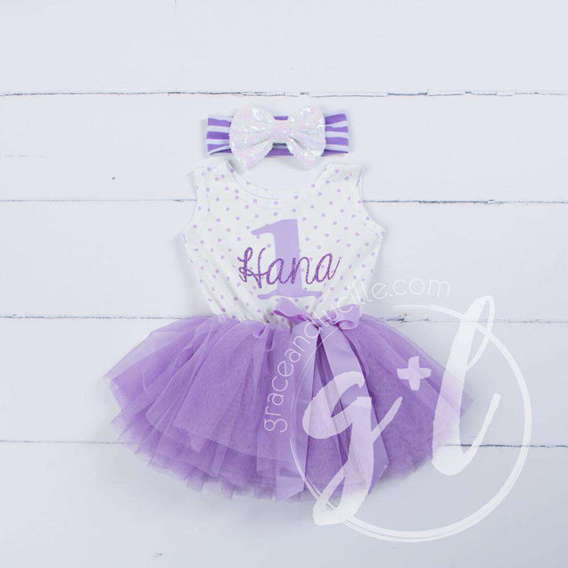 1st Birthday Outfit ONE & HER NAME Purple Polka Dot Sleeveless Tutu Dress & Opalescent Bow Headband - Grace and Lucille