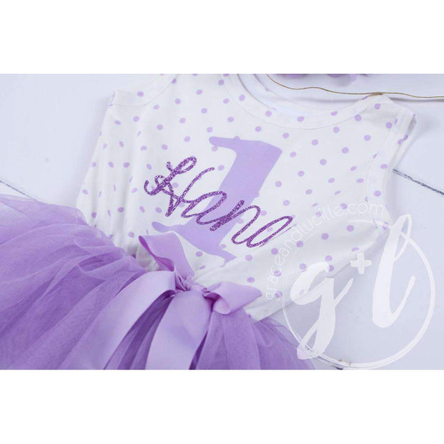 1st Birthday Outfit Purple ONE & HER NAME Purple Polka Dot Sleeveless Tutu Dress & Purple Party Hat - Grace and Lucille