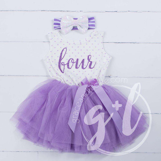 4th Birthday Outfit FOUR & HER NAME Purple Polka Dot Sleeveless Tutu Dress & Opalescent Bow Headband - Grace and Lucille
