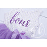 4th Birthday Outfit FOUR & HER NAME Purple Polka Dot Sleeveless Tutu Dress & Opalescent Bow Headband - Grace and Lucille