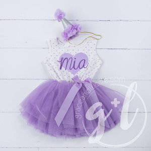 Purple Heart "HER NAME" Outfit, Purple Polka Dot Sleeveless Tutu Dress & Purple Party Hat - Grace and Lucille