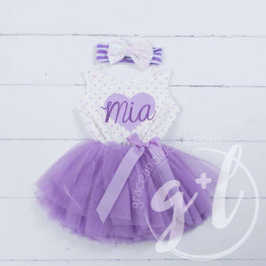 Purple Heart "HER NAME" Outfit, Purple Polka Dot Sleeveless Tutu Dress & Opalescent Bow Headband - Grace and Lucille