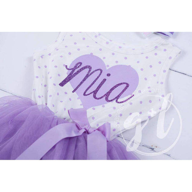 Purple Heart "HER NAME" Outfit, Purple Polka Dot Sleeveless Tutu Dress & Purple Party Hat - Grace and Lucille