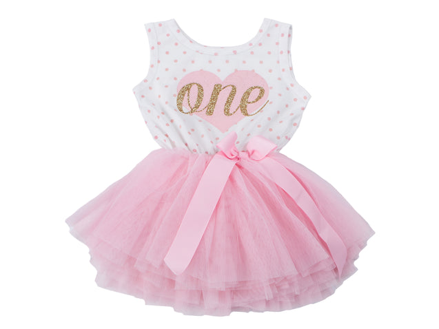 Pink Heart Gold Script Pink Polka Dot Tutu Dress - (First Birthday Dress - First Birthday Outfit)