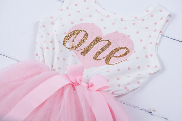 Pink Heart Gold Script Pink Polka Dot Tutu Dress - (First Birthday Dress - First Birthday Outfit)