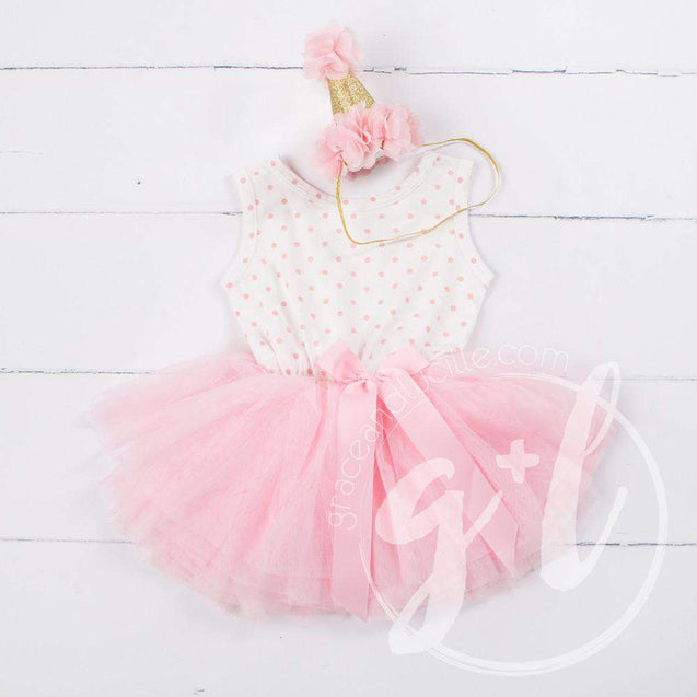 Party Outfit Pink Polka Dot Sleeveless Tutu Dress with Princess Party Hat - Grace and Lucille