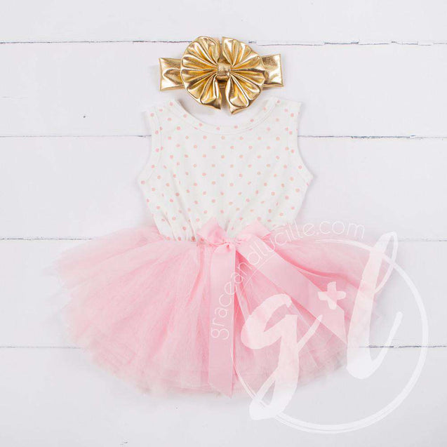 Party Outfit Pink Polka Dot Sleeveless Tutu Dress & Gold Lame Bow Headband - Grace and Lucille