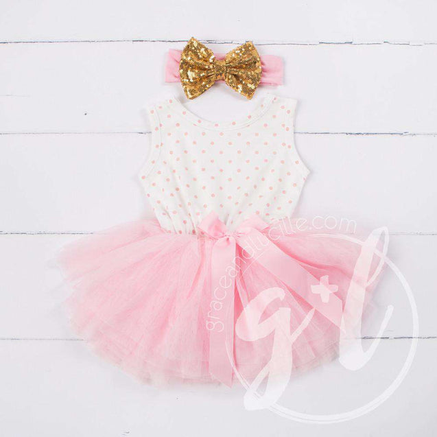 Party Outfit Pink Polka Dot Sleeveless Tutu Dress and Gold Sequin Bow Headband - Grace and Lucille