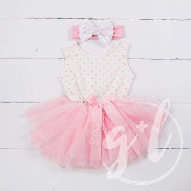 Party Outfit Pink Polka Dot Sleeveless Tutu Dress & Opalescent Bow Headband - Grace and Lucille