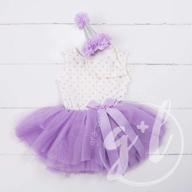 Party Outfit Purple Polka Dot Sleeveless Tutu Dress with Princess Party Hat - Grace and Lucille
