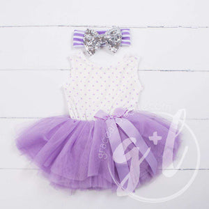 Party Outfit Purple Polka Dot Sleeveless Tutu Dress & Silver Sequin Bow on Purple Stripe Headband - Grace and Lucille