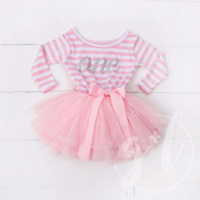 1st Birthday Dress Silver Script "ONE" Pink Striped Long Sleeved - Grace and Lucille
