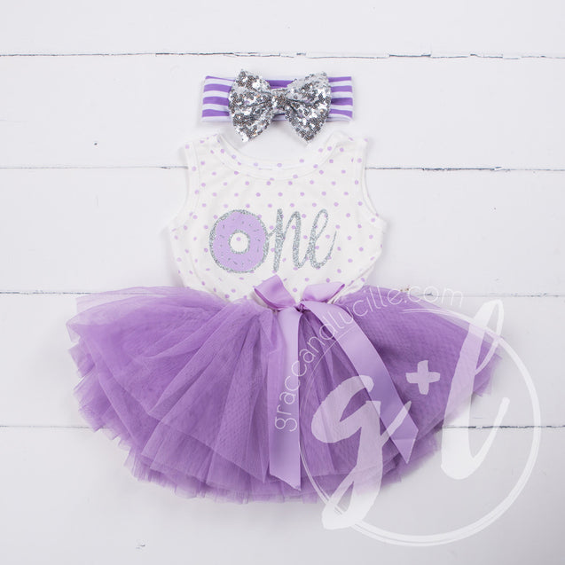 1st Birthday Outfit, Donut "ONE" Purple Polka Dot Sleeveless Tutu Dress, Silver Sequin Bow Headband - Grace and Lucille