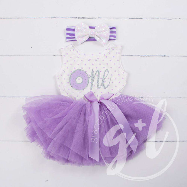 1st Birthday Outfit Donut "One" Purple Polka Dot Sleeveless Tutu Dress & Opalescent Bow Headband - Grace and Lucille