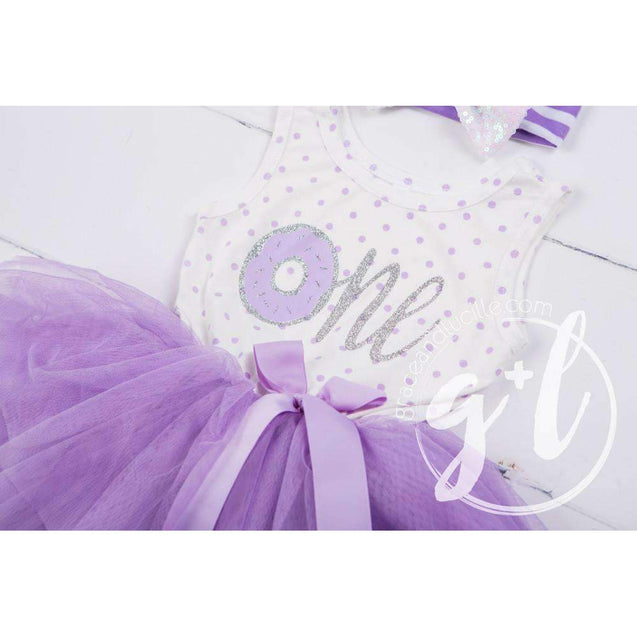 1st Birthday Outfit Donut "One" Purple Polka Dot Sleeveless Tutu Dress & Purple Princess Party Hat - Grace and Lucille