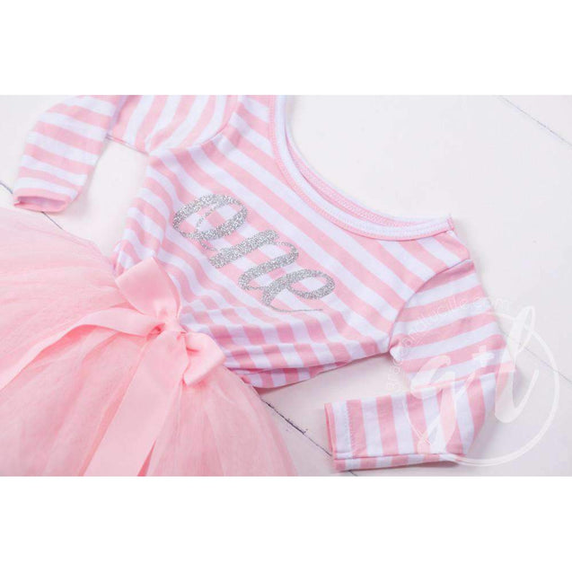 1st Birthday Dress Silver Script "ONE" Pink Striped Long Sleeved - Grace and Lucille