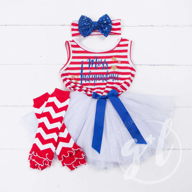 4th of July "MISS INDEPENDENCE" Red Striped Sleeveless Dress - Grace and Lucille