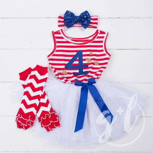 4th of July "4"Outfit, Red Striped Sleeveless Dress, Chevron Leg Warmers & Blue Sequin Bow Headband - Grace and Lucille