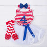 4th of July "4"Outfit, Red Striped Sleeveless Dress, Chevron Leg Warmers & Blue Sequin Bow Headband - Grace and Lucille
