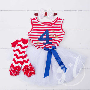 4th of July "4" Outfit, Red Stripe Sleeveless Dress, Chevron Leg Warmers & White Sequin Bow/Belt - Grace and Lucille