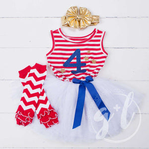 4th of July "4" Red Striped Sleeveless Dress with Chevron Leg Warmers & Gold Bow - Grace and Lucille