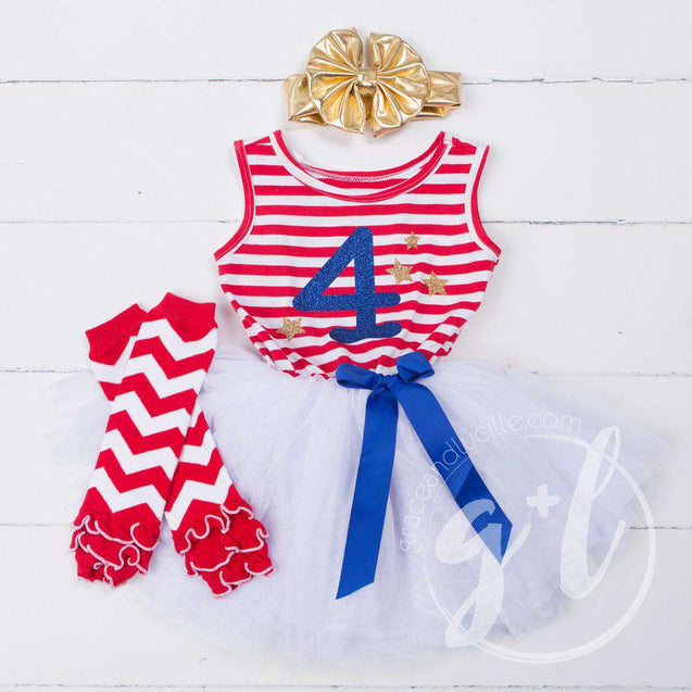 4th of July "4" Red Striped Sleeveless Dress with Chevron Leg Warmers & Gold Bow - Grace and Lucille