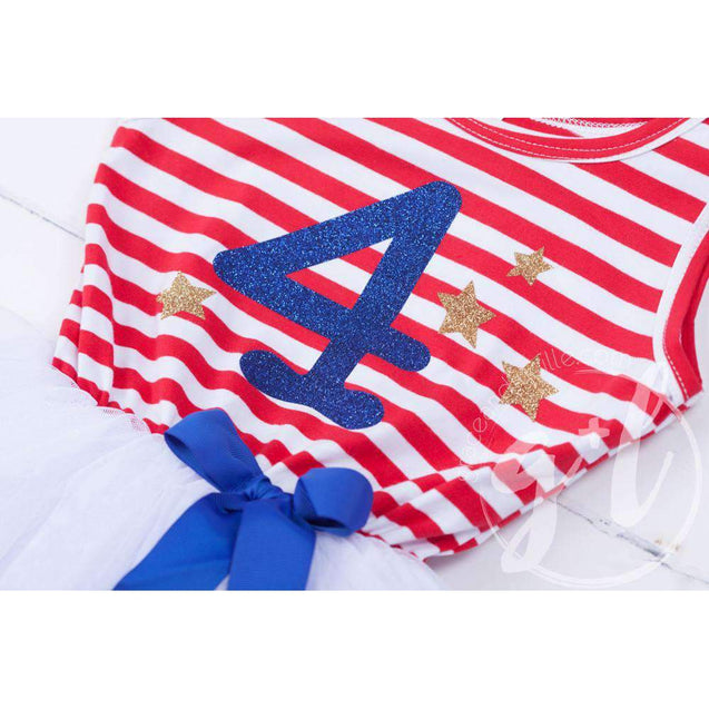 4th of July "4"Outfit, Red Striped Sleeveless Dress, Chevron Leg Warmers & Blue Sequin Bow Headband - Grace and Lucille