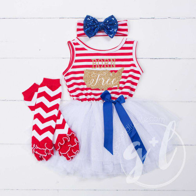 "Born Free" Gold USA  4th of July Red Stripe Sleeveless Dress, Leg Warmers & Blue Bow Headband - Grace and Lucille
